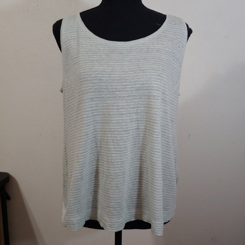 Eileen Fisher Sleeveless Linen Top Blue and Grey Striped  Tank Top